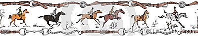 Equestrian sport horse rider english style. Galloping horsemen with saddle. Vector Illustration